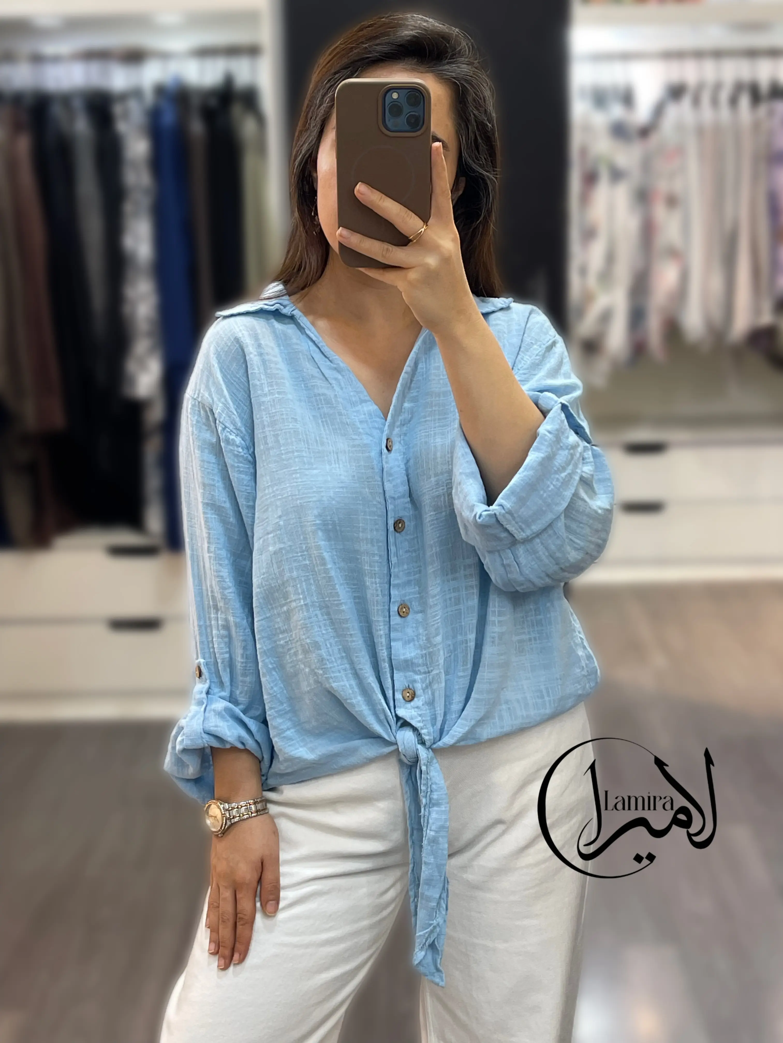 شومیز لینن ایتالیایی گره ای ساده تک رنگ